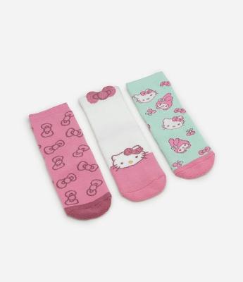 Kit 03 Meias Infantis Atoalhadas com Hello Kitty – Tam 19 a 34