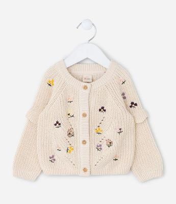 Cardigan Infantil em Efeito Tricô com Bordado Floral – Tam 0 a 18 Meses