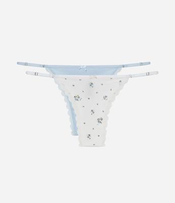 Kit 02 Calcinhas String Fio Duplo em Algodão Floral com Renda