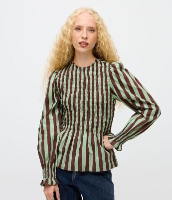 Blusa Listrada em Tricoline com Lastex e Mangas Bufantes