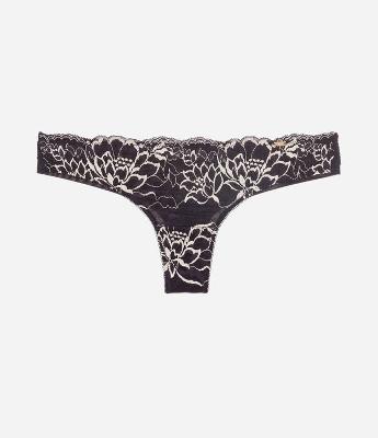 Calcinha Biquíni Fio Duplo em Renda Floral Bicolor