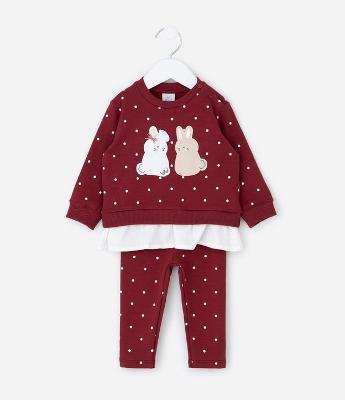 Conjunto Infantil com Coelhinhos Aplicados e Calça Poá – Tam 0 a 18 Meses