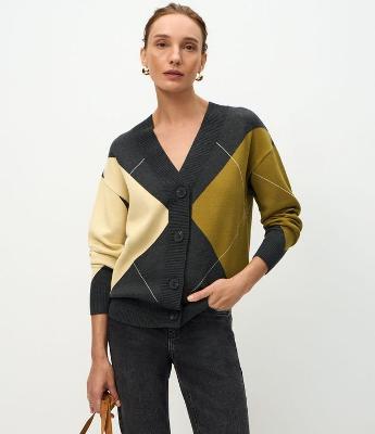 Cardigan em Tricô com Estampa Xadrez