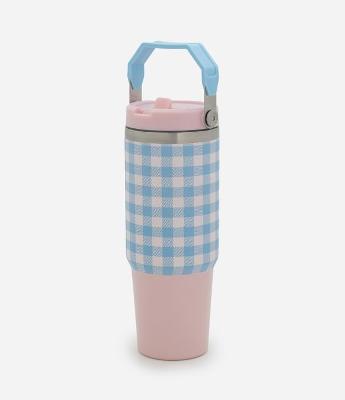 Copo Térmico com Alça Geométrica e Estampa Xadrez 900ml