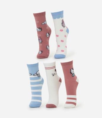Kit 05 Meias Infantis Cano Médio Hello Kitty – Tam 19 a 34