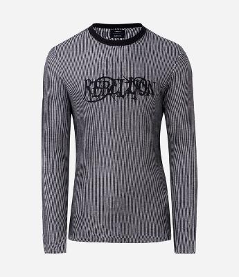 Suéter em Tricô Listrado com Lettering Rebellion