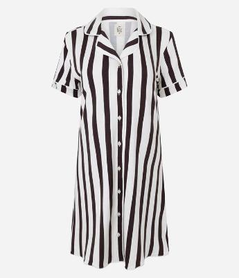 Camisola Americana em Viscolycra com Abotoamento e Estampa Listrada