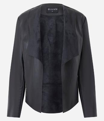 Jaqueta em PU com Lapela Frontal e Recorte a Laser