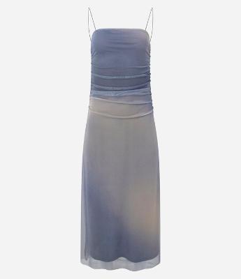 Vestido Longo Alcinha em Tule Estampado e Decote Quadrado