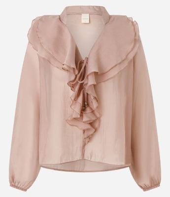 Blusa Ampla em Organza com Decote em V e Babados