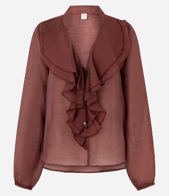 Blusa Ampla em Organza com Decote em V e Babados