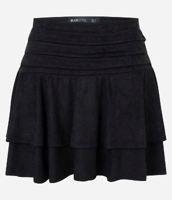 Saia Curta Evasê em Suede com Babados