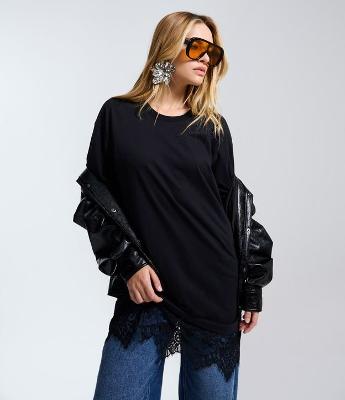 Vestido Reto em Algodão com Renda na Barra