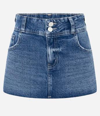 Minissaia em Jeans com Cintura Baixa e Bolsos