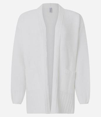 Cardigan Alongado em Tricô Chenille Canelado com Fendas Laterais