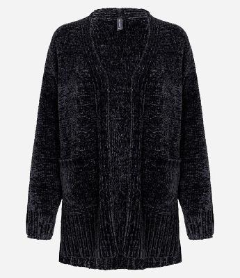 Casaco Alongado em Tricô Chenille Canelado com Fendas Laterais