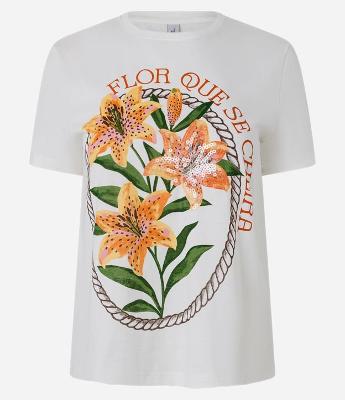 Camiseta com Paetês e Estampa Flor Que Se Cheira