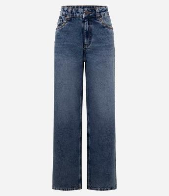 Calça Wide em Jeans com Tachas Laterais e Cintura Média