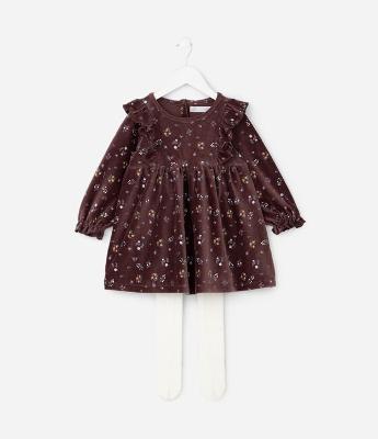 Vestido Infantil Floral com Babados e Meia Calça em Veludo - Tam 1 a 6 Anos