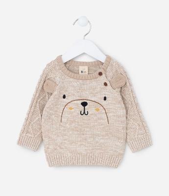 Casaco Infantil em Efeito Tricô Pesado com Bordado de Urso – Tam 0 a 18 Meses