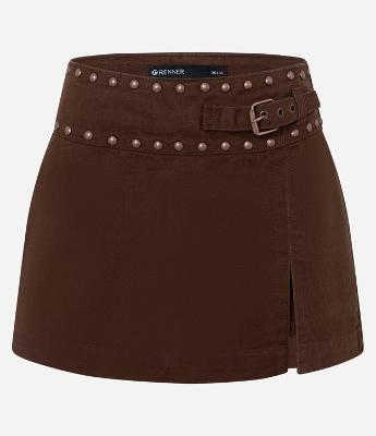 Short Saia em Sarja com Cintura Baixa e Fivela Lateral
