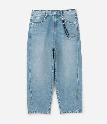 Calça Skater em Jeans com Recorte e Cordão