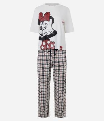Pijama Longo em Viscolycra Com Estampa Xadrez Minnie