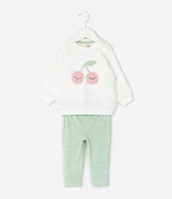 Conjunto Infantil com Bordado de Cerejas e Calça Canelada – Tam 0 a 18 Meses