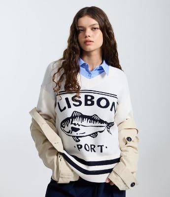 Suéter em Tricô com Estampa Lisbon Port Peixe
