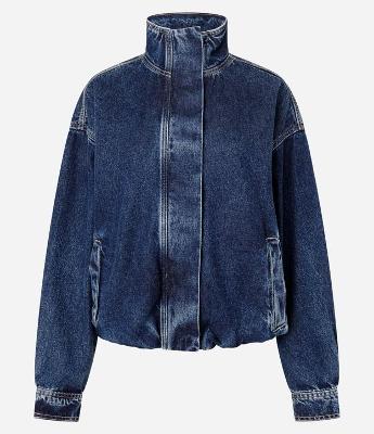 Jaqueta Bomber em Jeans com Gola Alta Estruturada