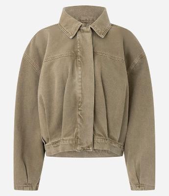 Jaqueta Bomber em Jeans com Pregas e Gola Polo