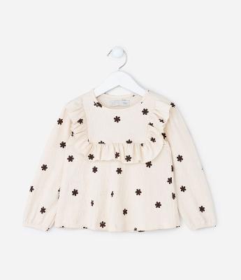 Blusa Infantil Texturizada com Babado e Estampa Floral – Tam 1 a 6 Anos