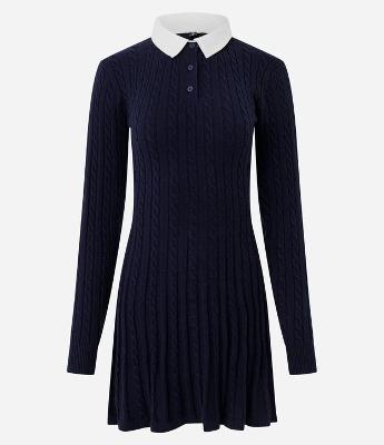 Vestido Manga Longa em Tricô com Textura e Gola Polo