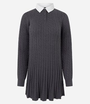 Vestido Manga Longa em Tricô com Textura e Gola Polo