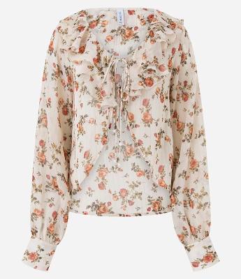 Blusa Bata em Chiffon com Babados no Decote e Estampa Floral