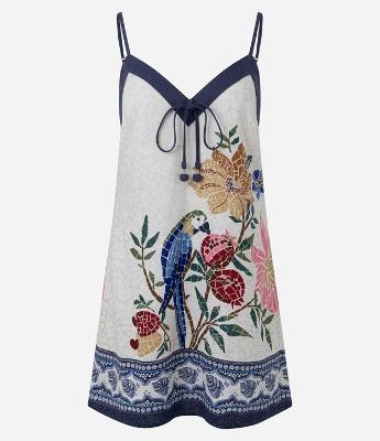 Vestido Curto Alcinha em Viscolinho com Estampa de Paisagem