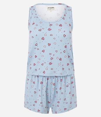 Pijama Short Doll em Tricô com Estampa de Corações