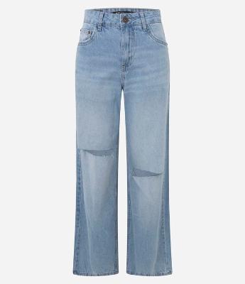 Calça Wide em Jeans com Cintura Baixa e Rasgos Frontais