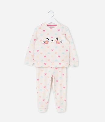 Pijama Infantil com Corações e Pompons – Tam 1 a 4 Anos