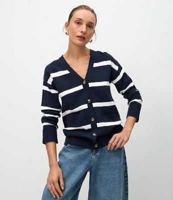 Cardigan em Tricô com Estampa Listrada