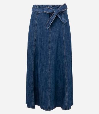 Saia Evasê em Jeans com Cinto e Recortes Longos
