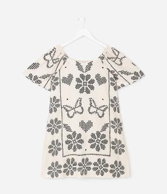 Vestido Infantil em Viscolinho com Estampa Ponto Cruz – Tam 5 a 14 Anos