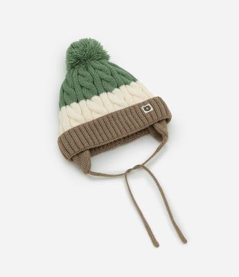 Touca Infantil em Efeito Tricô com Listras e Pompom – Tam 0 a 12 Meses