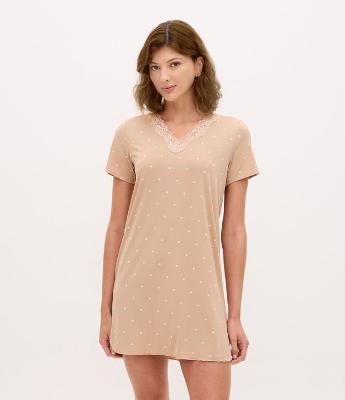 Camisola em Microfibra com Renda Floral e Estampa Poá