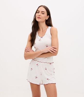 Pijama Short Doll em Ribana com Estampa de Cerejas e Picueta