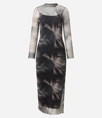 Vestido Longo em Tule com Estampa Efeito Manchado