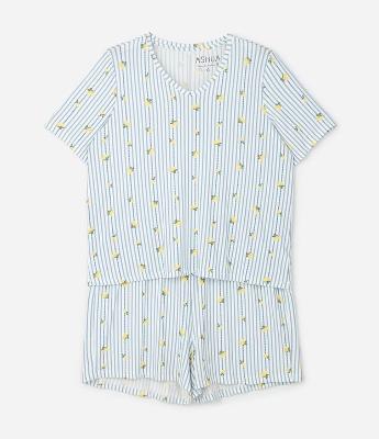 Pijama Curto com Estampa de Limões Listrado Curve & Plus Size