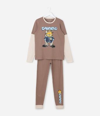 Pijama Infantil do Garfield com Mangas Contrastante – Tam 5 a 14 Anos