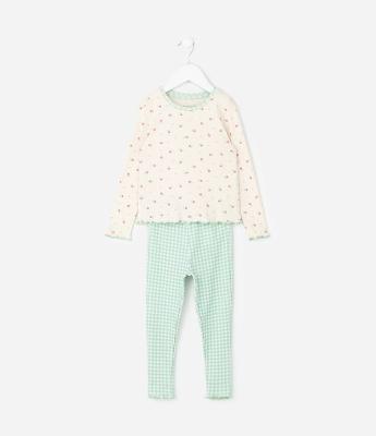 Pijama Infantil com Blusa Floral e Calça Xadrez – Tam 1 a 6 Anos