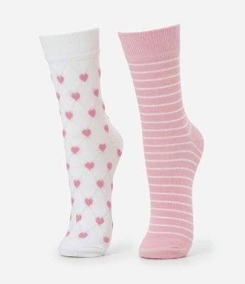 Kit 02 Meias Cano Médio em Algodão com Listras e Corações
